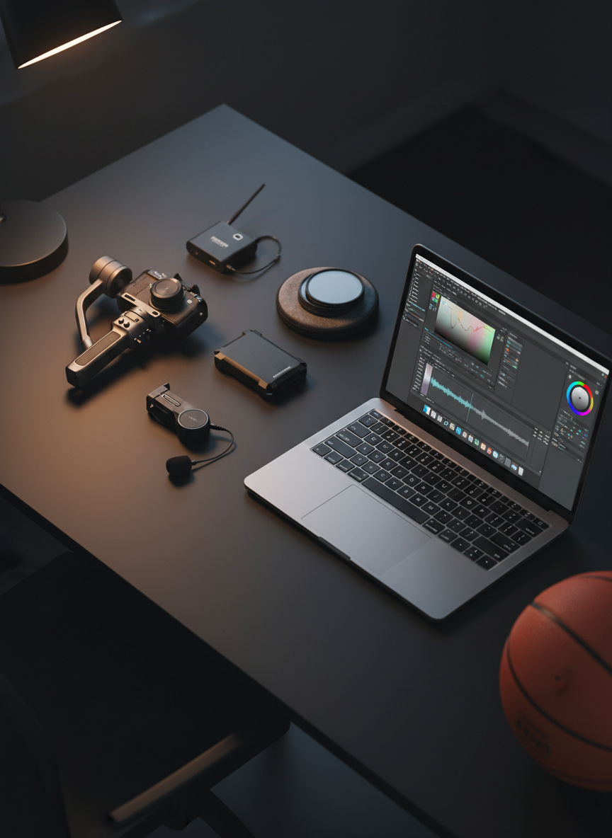 An array of neatly arranged basketball videography gear laid out on a dark matte table: a compact gimbal with its motors folded, a rugged external SSD, a wireless lavalier microphone kit, ND filters in a soft case, and a sleek laptop displaying a color grading panel. A textured orange basketball sits at the edge of the frame, slightly out of focus, tying the gear to the sport. Soft side lighting from a nearby desk lamp creates controlled highlights on the metal and rubber surfaces, while the rest of the scene falls into a gentle gradient of shadow. Shot from a slightly elevated perspective, the composition feels organized, modern, and intentionally minimal in photographic realism.