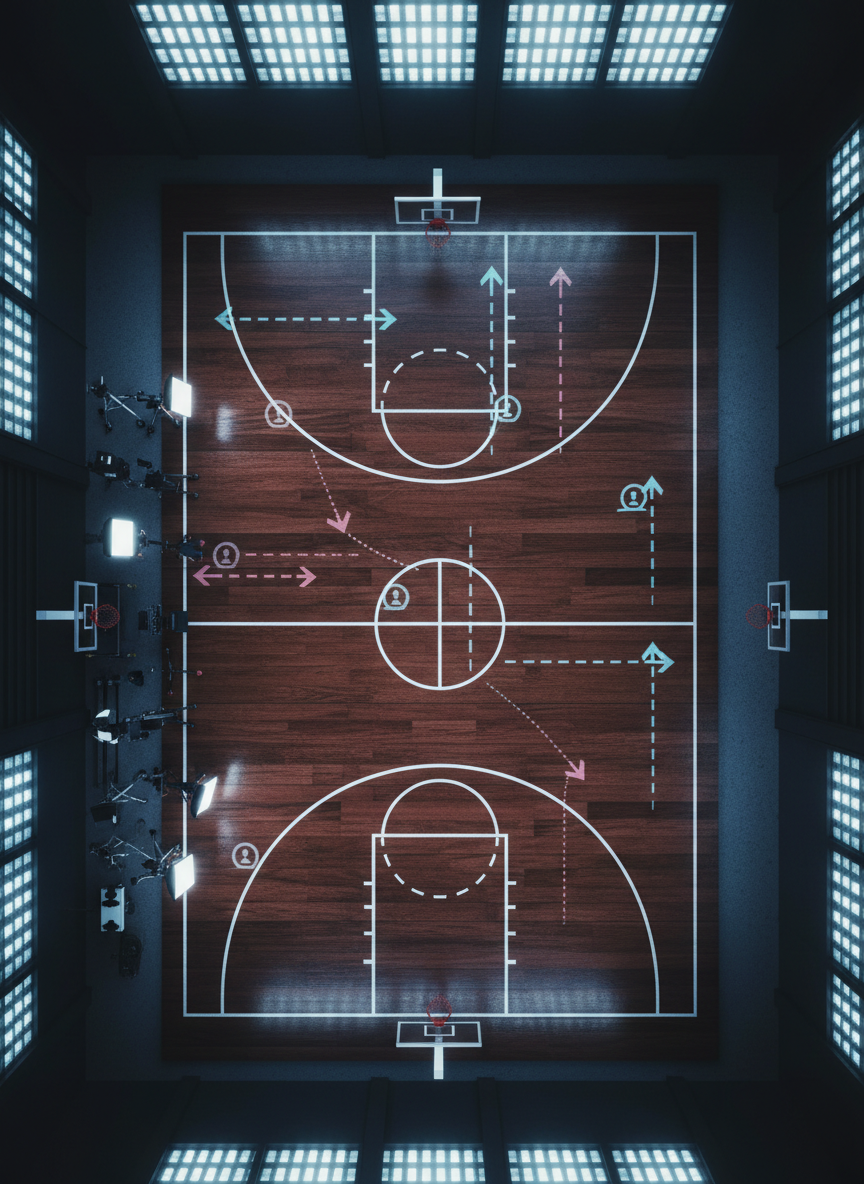A cinematic overhead view of a basketball court model built in miniature, with a detailed half-court outlined in bright white against a rich wooden texture. Tiny, translucent arrows and play diagrams are subtly projected onto the court surface, suggesting strategic shot planning for videography. Along one sideline, scale-model camera rigs and sliders are positioned with meticulous precision. Cool-toned LED-style lighting from above creates crisp, graphic shadows and emphasizes the geometry of the lines. The composition is symmetrical, with sharp focus across the entire frame, evoking a clean, modern, data-driven atmosphere that visually represents planning, creativity, and methodical storytelling in basketball content production.