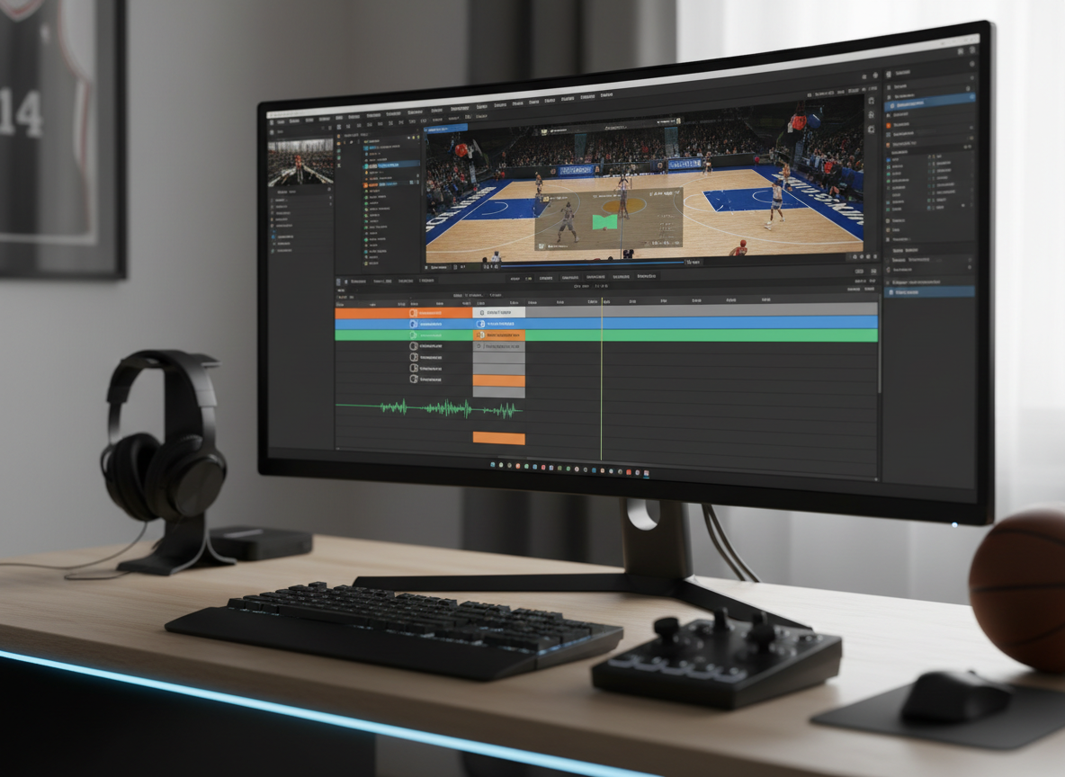 A professional basketball video editing workstation, featuring a large ultra-wide monitor displaying a paused high-definition basketball game timeline in a modern editing software interface. Color-coded clips, audio waveforms, and overlay graphics are clearly visible. The sleek black keyboard, precision editing controller, and studio headphones rest on a matte wood desk. Soft, diffused daylight from an unseen window mixes with a cool LED strip light along the desk edge, creating gentle reflections on the monitor’s glossy bezel. Shot at eye level with a shallow depth of field, the background fades into a soft blur of neutral tones and subtle sports memorabilia shapes, emphasizing a clean, modern, photographic realism suited for a personal professional portfolio homepage.