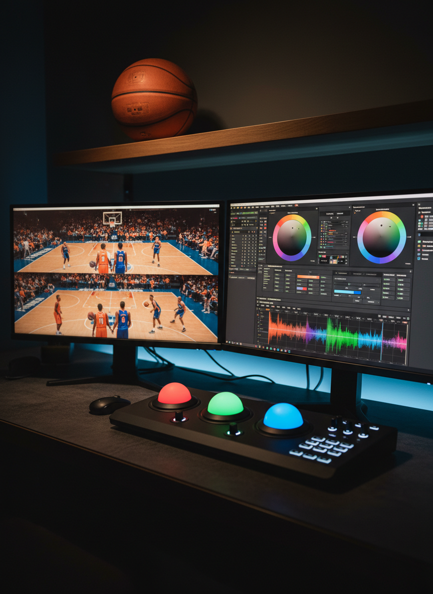 A dual-monitor editing setup in a dim, focused studio environment, with one screen showing a split-screen comparison of ungraded versus color-graded basketball footage, and the other filled with detailed color wheels, scopes, and adjustment sliders. On the desk, a color grading control panel with glowing RGB-lit trackballs and dials catches subtle reflections. A basketball with a slightly worn leather texture rests on a minimalist shelf in the midground, softly blurred. The only light sources are the monitors and a faint LED backlight strip, creating a cool, cinematic mood with deep shadows. Captured from a three-quarter angle with a medium depth of field, the photographic realism underscores professional precision and the craft of visual storytelling.