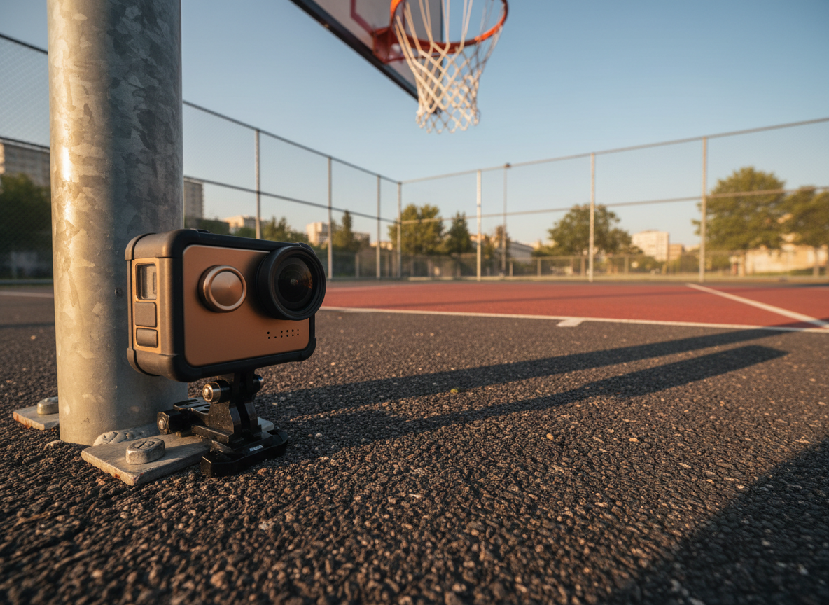A compact, weather-sealed action camera mounted near the base of a basketball hoop stanchion on an outdoor court, aimed directly upward toward the orange rim and crisp white net. The textured asphalt, painted key area, and distant chain-link fence create a layered backdrop. Late-afternoon golden hour sunlight streams across the court from the side, casting long, dramatic shadows and creating a warm glow on the metal camera housing and the hoop’s worn paint. The image is captured from a very low, almost ground-level perspective, with a shallow depth of field that keeps the camera and lower hoop assembly in sharp focus while the background softly blurs, conveying energy, experimentation, and professional yet creative sports videography in a realistic photographic style.