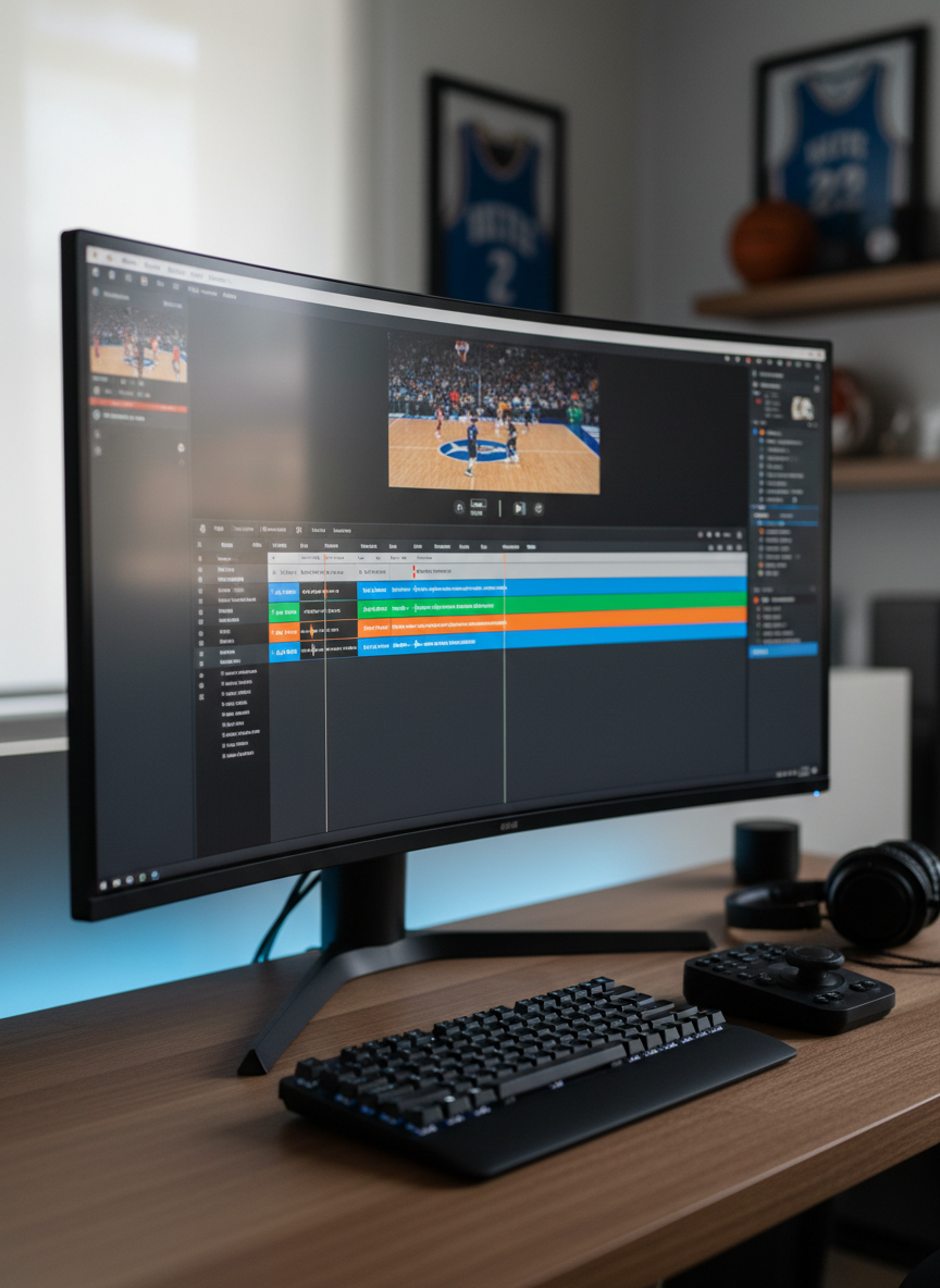 A professional basketball video editing workstation, featuring a large ultra-wide monitor displaying a paused high-definition basketball game timeline in a modern editing software interface. Color-coded clips, audio waveforms, and overlay graphics are clearly visible. The sleek black keyboard, precision editing controller, and studio headphones rest on a matte wood desk. Soft, diffused daylight from an unseen window mixes with a cool LED strip light along the desk edge, creating gentle reflections on the monitor’s glossy bezel. Shot at eye level with a shallow depth of field, the background fades into a soft blur of neutral tones and subtle sports memorabilia shapes, emphasizing a clean, modern, photographic realism suited for a personal professional portfolio homepage.