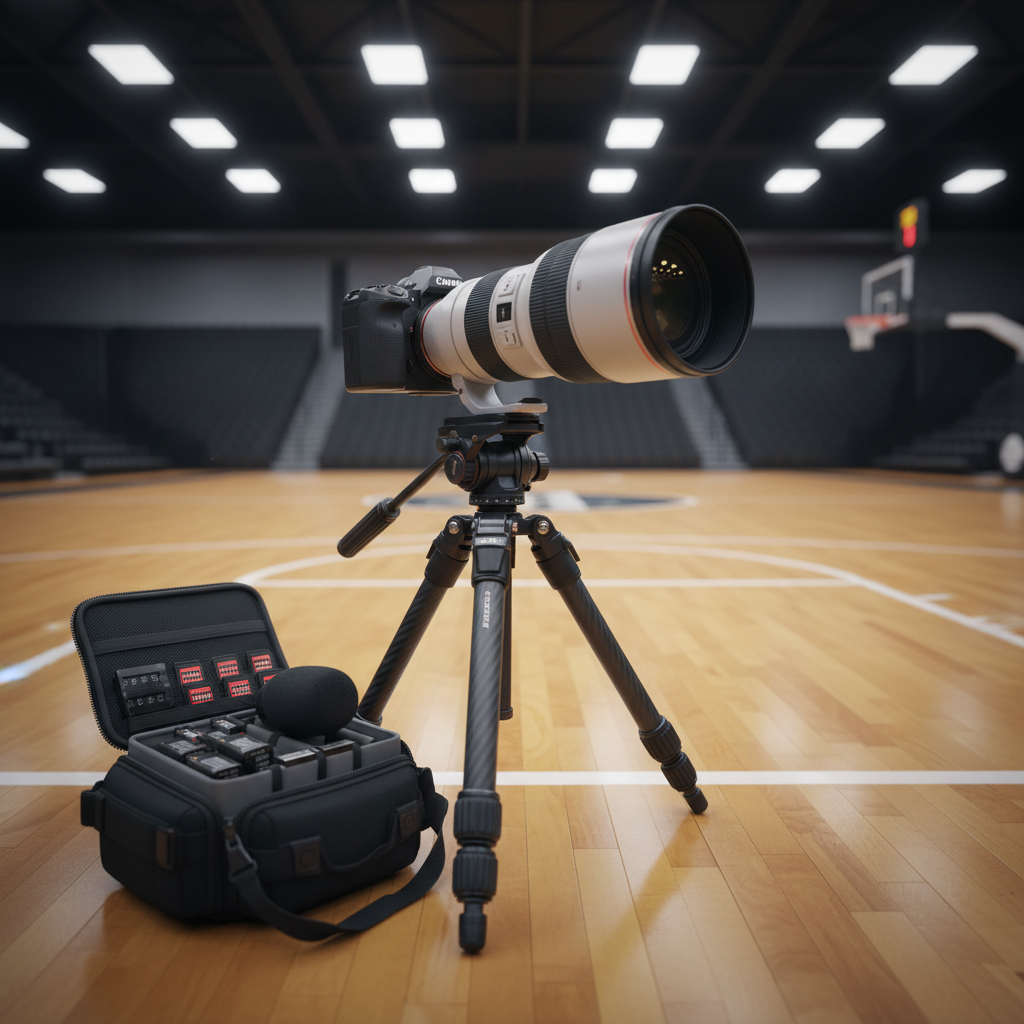 A high-end mirrorless camera body with a long telephoto zoom lens mounted on a sturdy carbon-fiber tripod at the edge of an indoor basketball court. The camera is pointed toward a polished hardwood floor marked with crisp white lines and a distant hoop out of focus. Nearby, a small open camera bag reveals neatly arranged spare batteries, memory cards, and an external microphone. Overhead arena lights cast an even, bright illumination, creating subtle reflections along the lens barrel and gentle shadows beneath the tripod legs. Captured from a low angle with a rule-of-thirds composition, the mood is focused and anticipatory, conveying photographic realism and a professional sports media aesthetic.